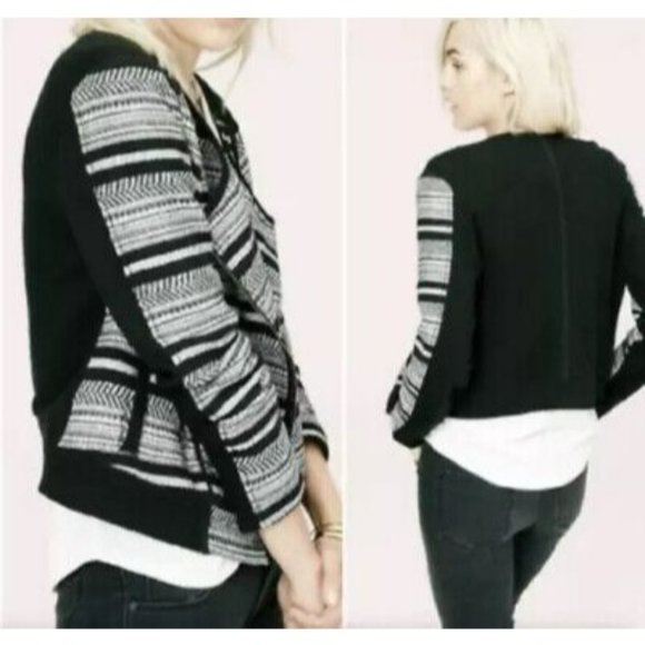 LOU & GREY Black and White Moto Asymmetrical Zip Knit Sweater Size S - Picture 2 of 10